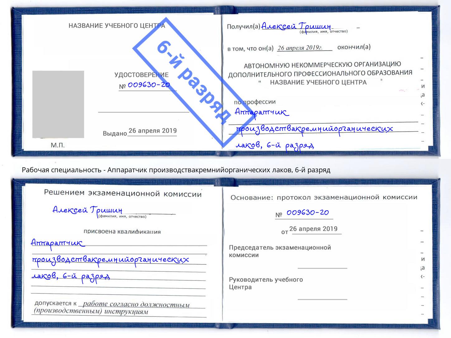 корочка 6-й разряд Аппаратчик производствакремнийорганических лаков Нурлат